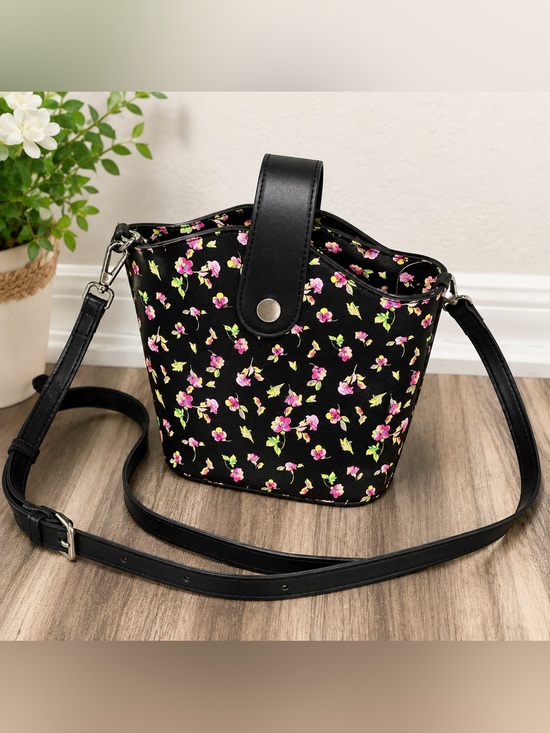 No Boundaries Handbags - Floral Mini Bucket Crossbody Bag Black Pink Flower Print Purse